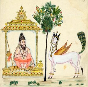 Kámadhenu egy bölcs, valószínűleg Vasistha társaságában. Tamilnadu vagy Andhra Pradesh, 1820 körül. British Museum, 2007,3005.47. (engedélyezett közlés)